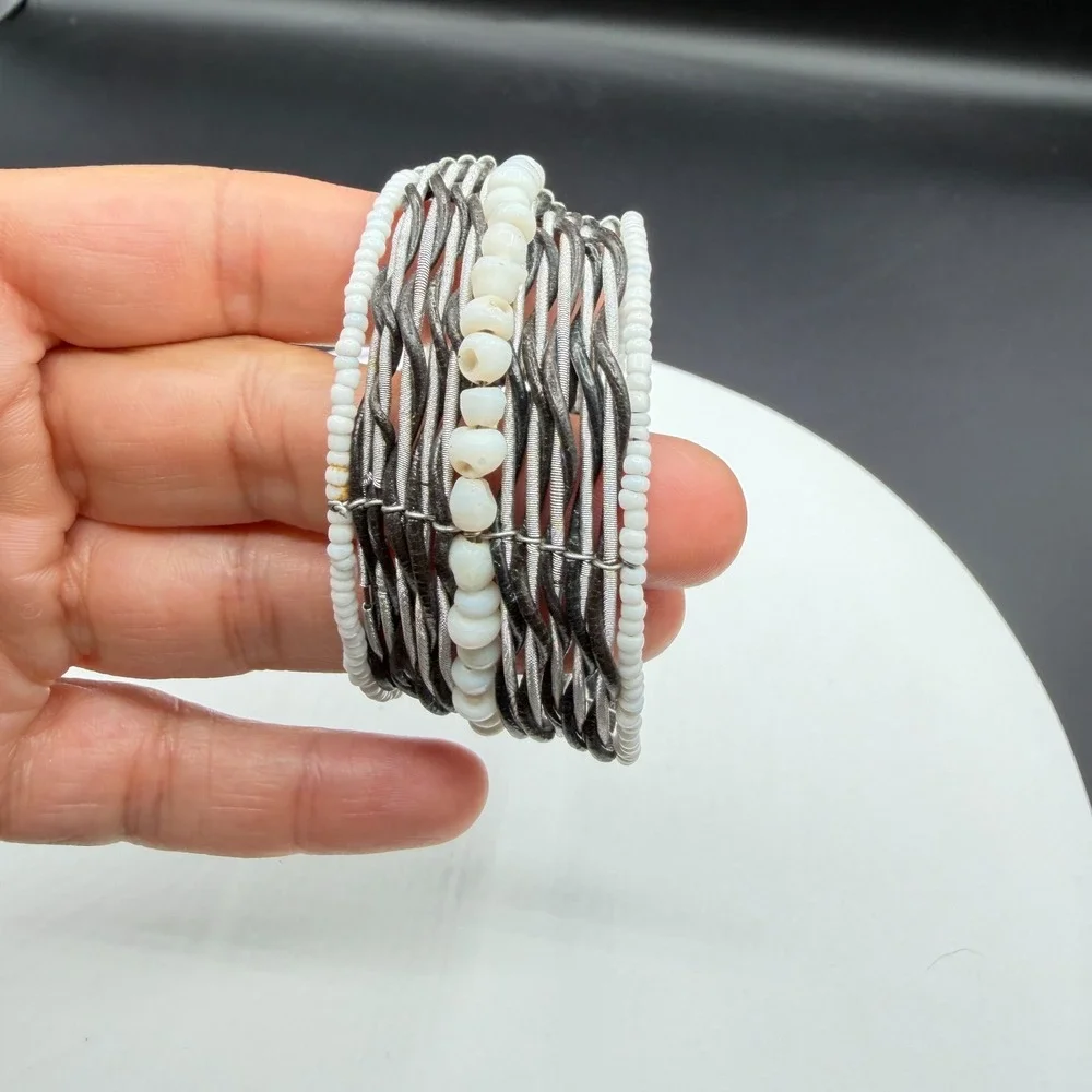 White Beaded Multi Strand Cuff Bracelet Boho Statement Layered Festival Gift